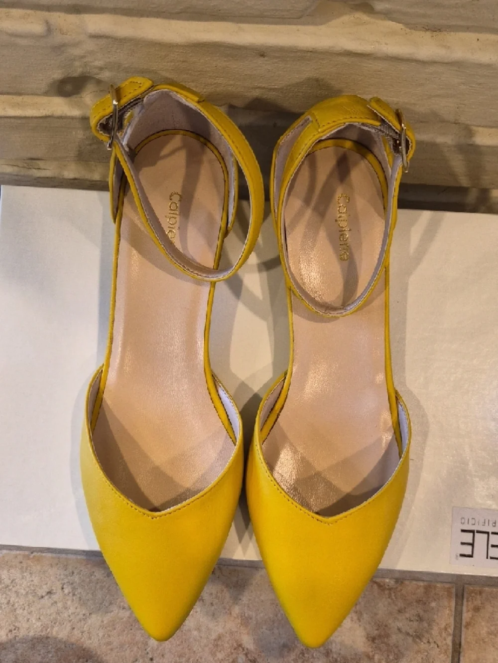 Yellow Pointed-Toe Ankle-Strap Flats. Made In Italy. Leather.